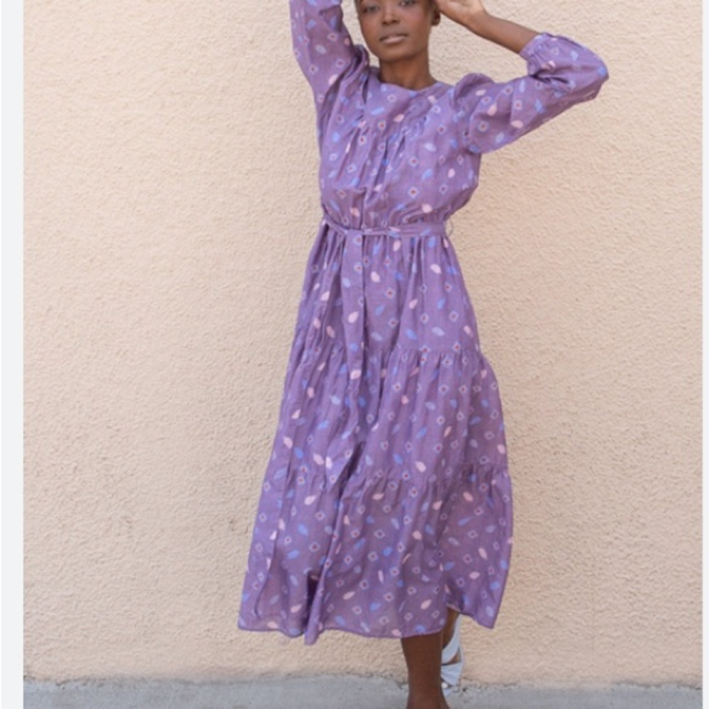Xirena Misty Purple Silk/Cotton Blend geometric print midi prairie style dress